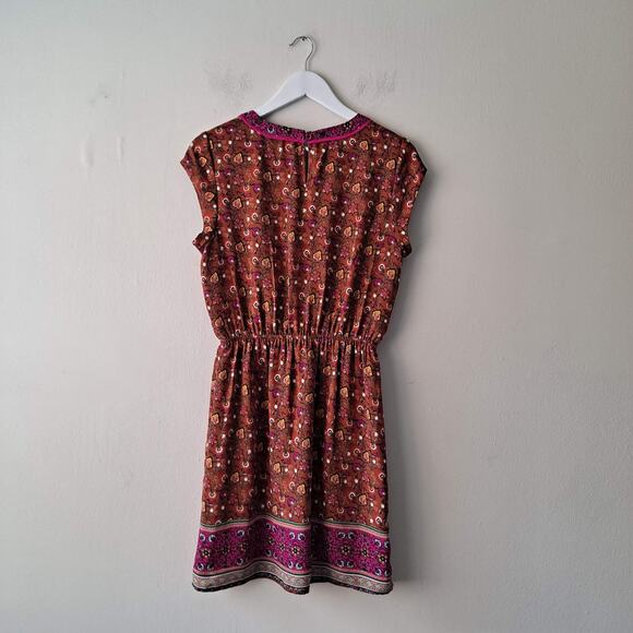 DR2 Dark Cinnamon Vneck Cap Sleeve Elastic Waist Border Print Floral Dress - S - Picture 4 of 13